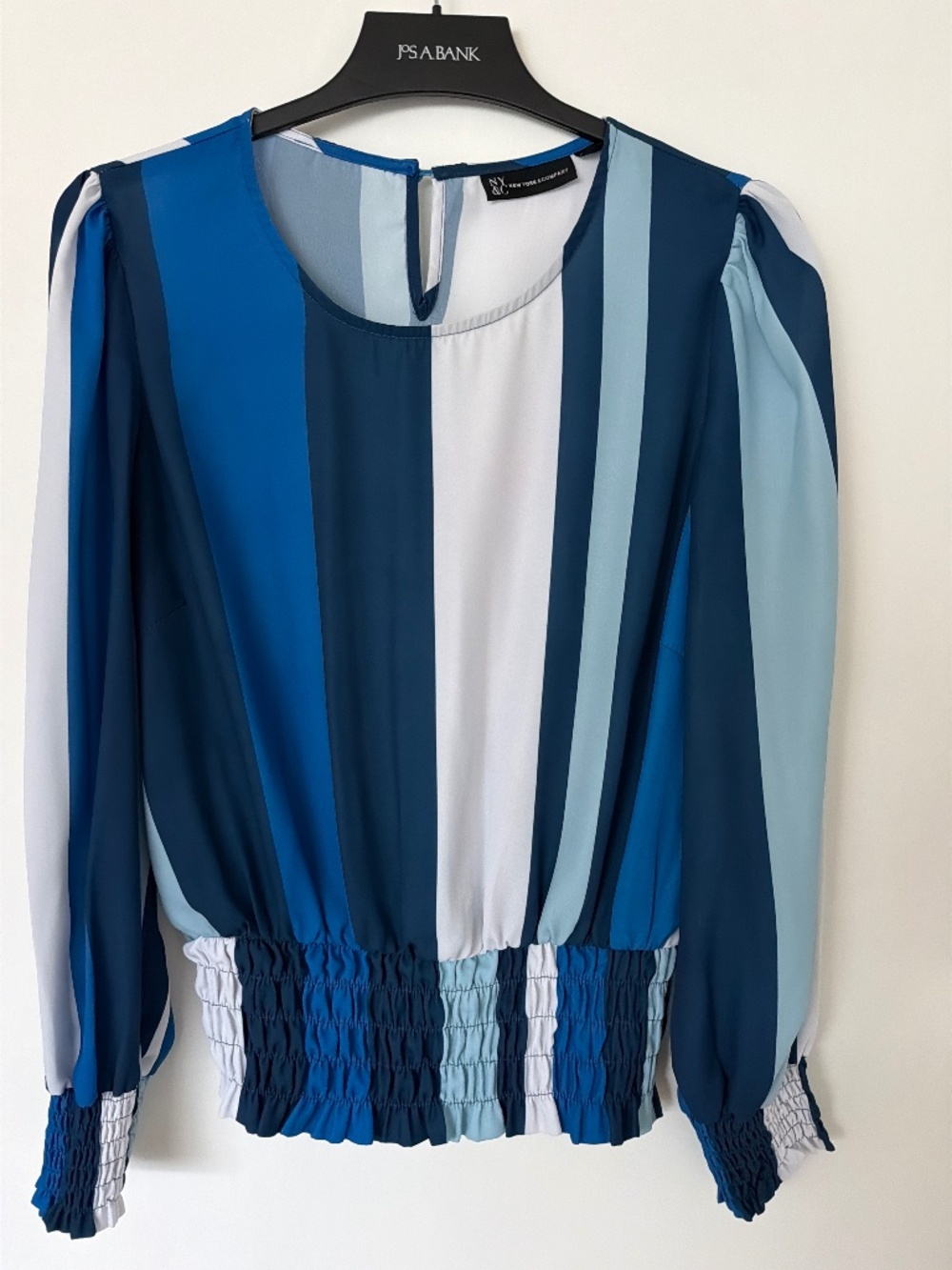 New York & Company Blue Colorblock Smocked Blouse Size M
